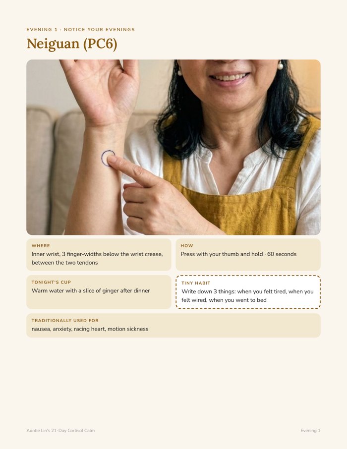 A page from the Cortisol Calm: the Neiguan point on Auntie Lin's wrist, tonight's cup and the tiny habit
