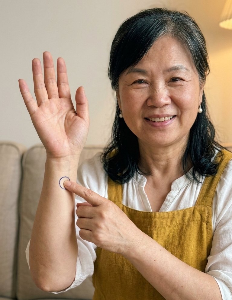 Auntie Lin pressing the Neiguan point on her inner wrist, circled, with a cup of chrysanthemum tea