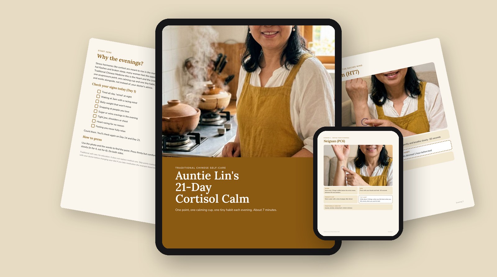 Auntie Lin's 21-Day Cortisol Calm on tablet and phone