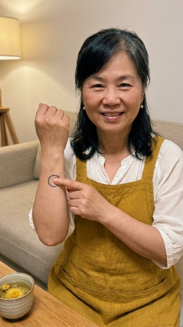 Auntie Lin showing a point on her wrist